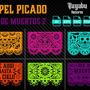 Puede incluir: Banderas de Papel Picado coloridas para el Día de Muertos. La imagen presenta seis banderas en naranja, rosa, turquesa, verde y morado, cada una con intrincados diseños recortados de calaveras, flores y texto. La pancarta superior dice "PAPEL PICADO DIA DE MUERTOS 2".