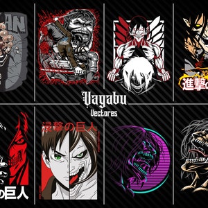 Puede incluir: Un conjunto de ocho ilustraciones digitales con personajes del anime Ataque a los Titanes. Las ilustraciones son de estilo gráfico y presentan a los personajes en varias poses. El texto "進撃の巨人" aparece en varias de las ilustraciones.