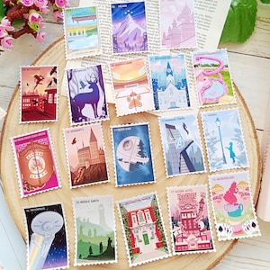 May include: A set of 18 colourful stickers featuring various locations from popular movies, TV shows, and books. The stickers are rectangular and have a white border with a dotted line around the edge. Each sticker features a different location, such as Hogwarts, the Death Star, and the Avengers Tower. The stickers are perfect for adding a touch of whimsy to your planner, journal, or laptop.