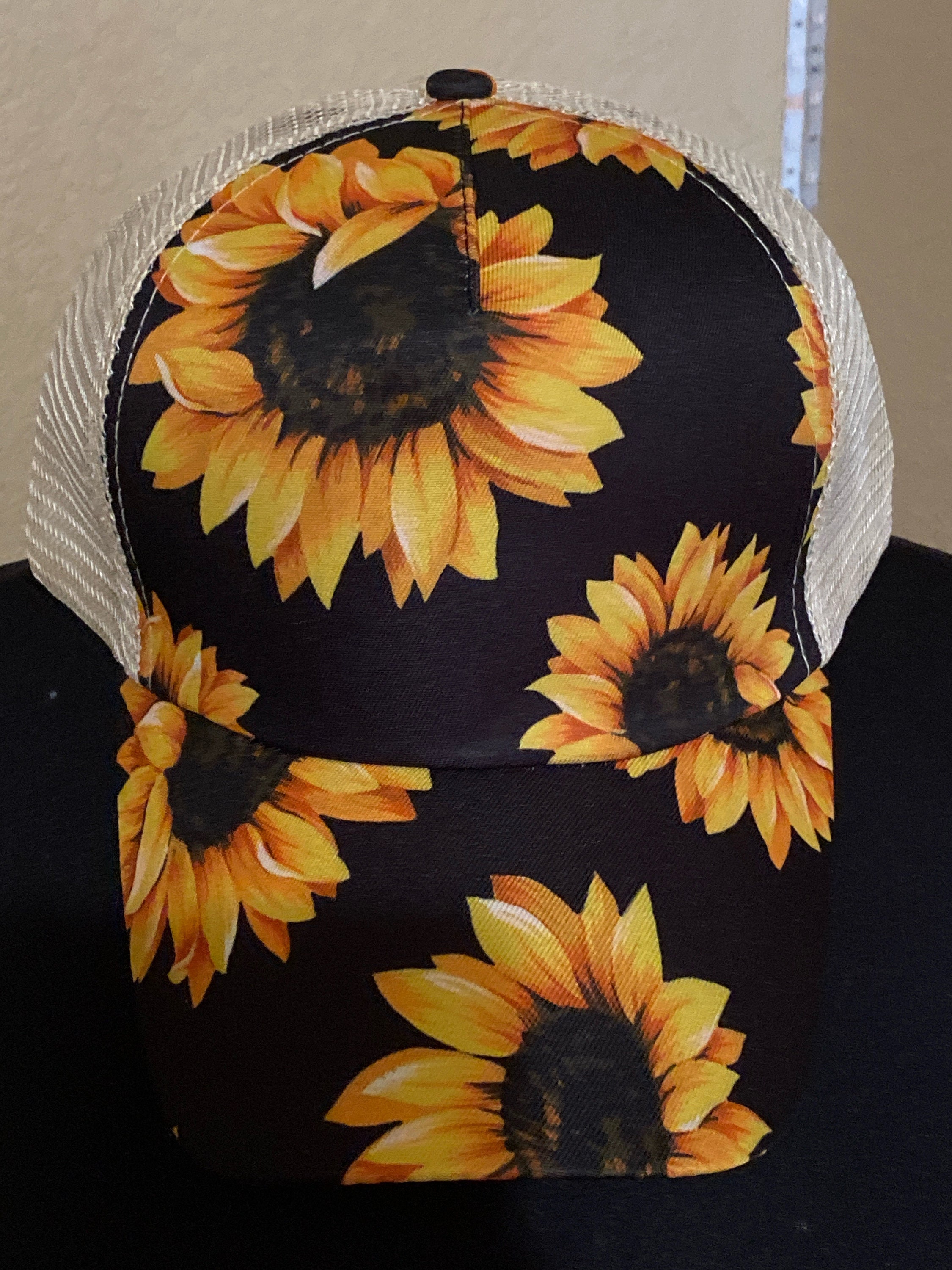 Sunflower Ponytail Hat: Black Floral Trucker Hat