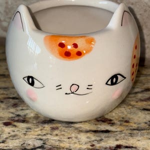 Op de afbeelding: Een witte keramische katvormige plantenbak met een grillig ontwerp. De plantenbak heeft een kattengezicht met zwarte ogen, snorharen en roze wangen. Oranje vlekken met rode stippen versieren de bovenkant van het hoofd.