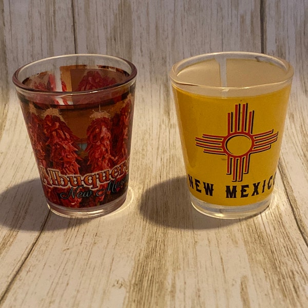 NEW MEXICO Shot Glass, Zia Symbol Shot Glass, Red Chile Shot Glass, Chile Ristras Shot Glass, Souvenir Shot Glass