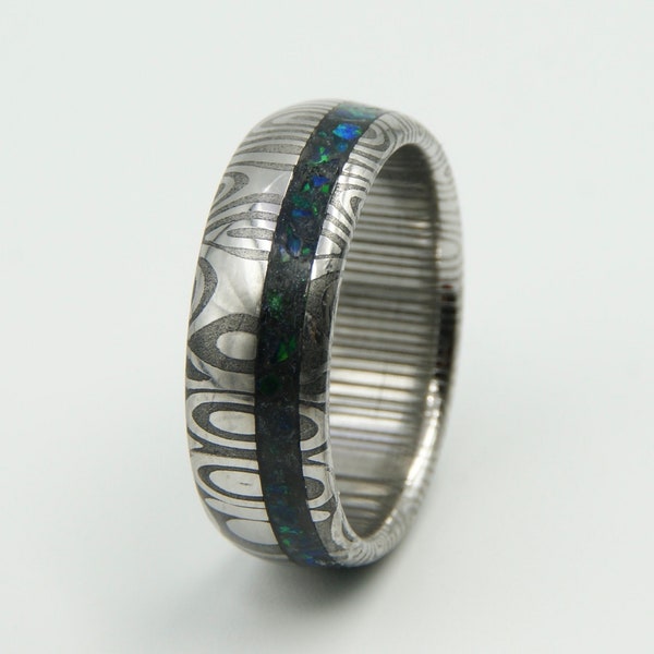 Stainless Damascus Ring with Deep space crushed Opal inlay