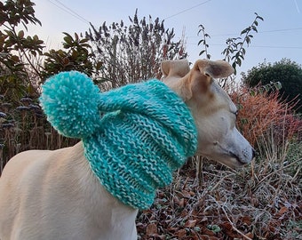 Whippet hat with snood and pom pom. Green and cream. Ready to ship