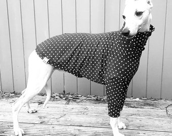 Whippet Greyhound  Lurcher Summer t shirt with legs, red or black with white spots. Made to order. Green sold out.