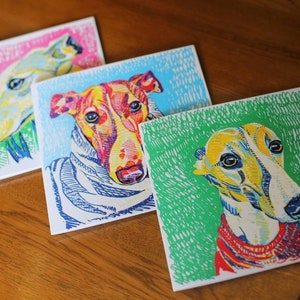 Whippet cards, 3 designs,  prints of original artwork.