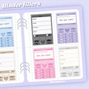 Peut inclure: Des remplissages de classeur avec des motifs de téléphones rétro aux couleurs pastel. Chaque motif comprend un écran avec du texte tel que "See you soon !" et un clavier. Les motifs sont disposés sur un fond violet clair.