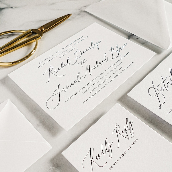 Printed Wedding Invitations, Printed Letterpress Romantic Script Calligraphy Letterpress Wedding Invitation Invitations Set Suite Suites