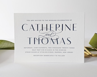 Letterpress Navy Blue Wedding Invitation, Modern Statement Letterpress High End Wedding Invitation Invitations Suite Bruges