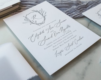 Letterpress Gray Printed Wedding Invitation, Monogram Emblem Dusty Blue Crest Formal Wedding Invitation Invitations Suite Set Brussels