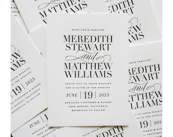 May include: Wedding invitation with black calligraphy text on white cardstock. The invitation reads "Meredith Stewart and Matthew Williams" with the wedding date "June 19, 2023" and the location "Adelaide Vineyards & Winery, Paso Robles, California".