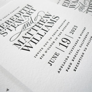 Invitación de boda tipográfica, tipografía clásica y atrevida de gama alta, invitación de boda con lazo negro, conjunto de suites Princeton