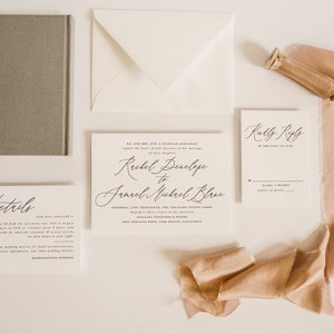 May include: Wedding invitation suite with a white background. The main invitation features the names "Rachel Denelop" and "Jennell Michael Blake" in elegant calligraphy. The RSVP card has the text "Kindly Reply" and space for guests to fill in their details. The details card provides information about the wedding.