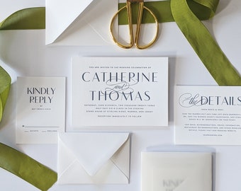 May include: Wedding invitation suite with white cardstock and navy blue text. The main invitation card reads "You are invited to the wedding celebration of Catherine and Thomas" with the date and time of the wedding. The RSVP card reads "Kindly Reply by May Twenty Fifth". The details card reads "The Details from North to West".