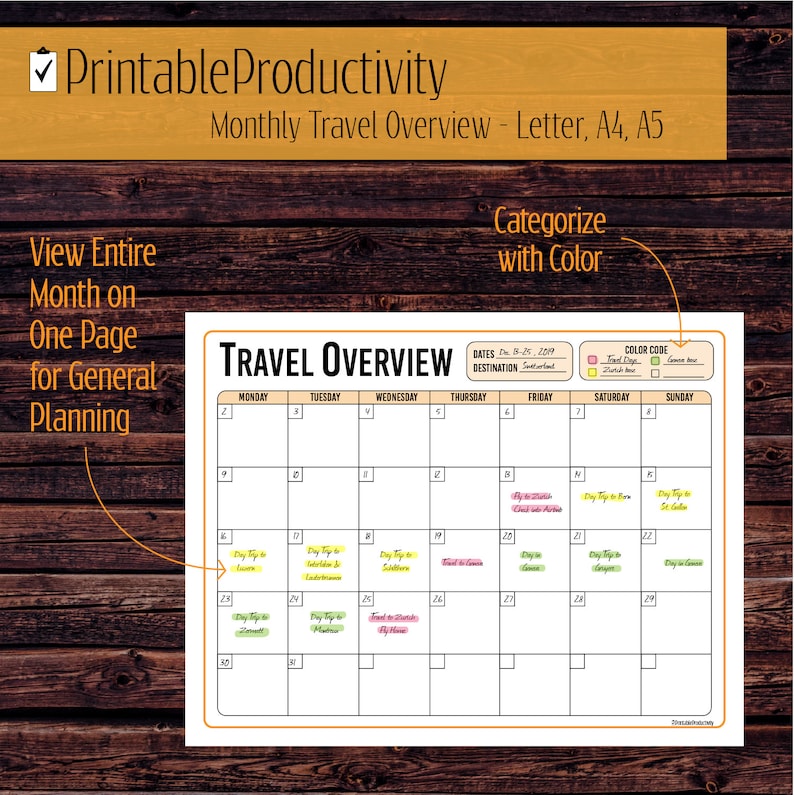 Monthly Travel Overview Monthly Schedule Monthly Calendar Etsy
