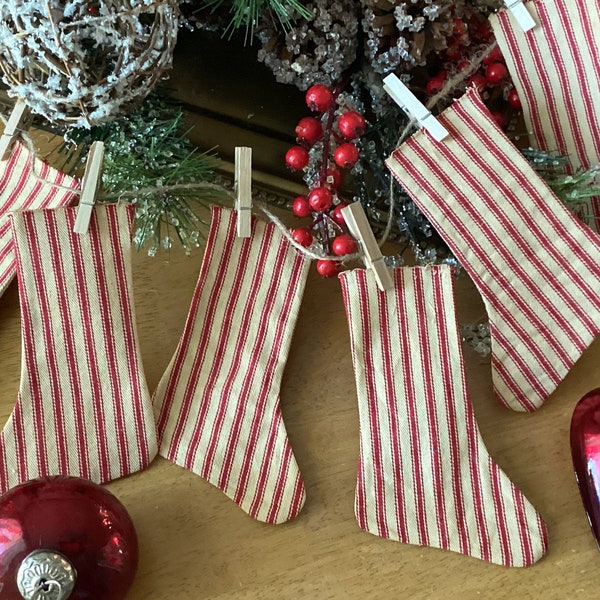 Red Ticking Mini Stocking Garland, Primitive Mini Stocking, Peg Rack Hanger, Farmhouse Christmas Decor, Christmas Stocking