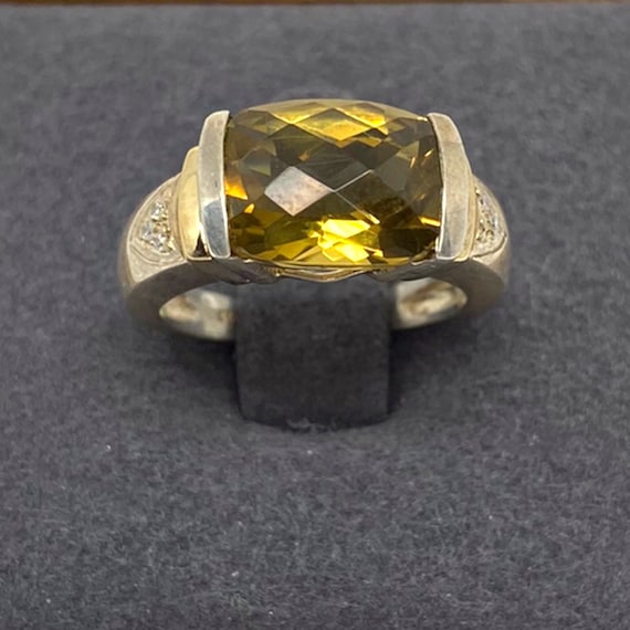 Sterling Silver Rectangular Citrine and Diamond R… - image 1