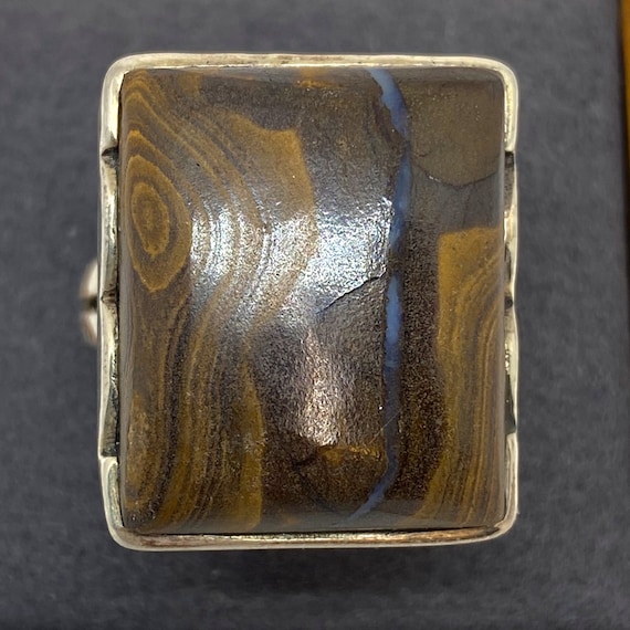 Sterling Silver Brown Rectangular Bone Cabochon R… - image 1