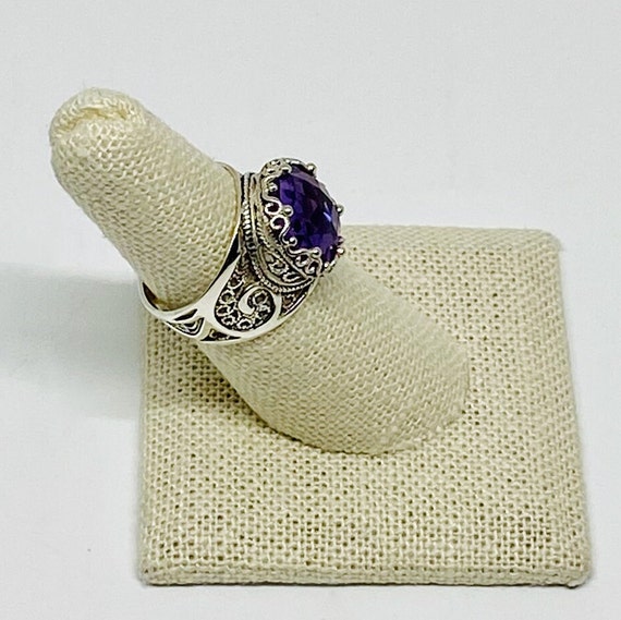 Sterling Silver Round Faceted Amethyst Filigree Ring View 2