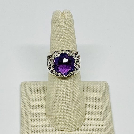 Sterling Silver Round Faceted Amethyst Filigree Ring