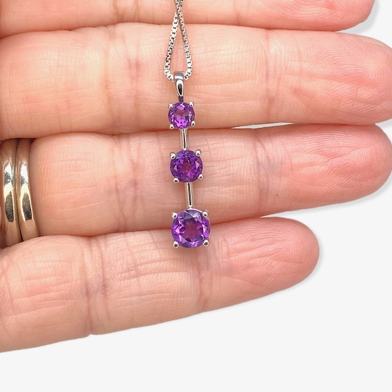 Sterling Silver Amethyst Three-Stone Graduated Pe… - image 1
