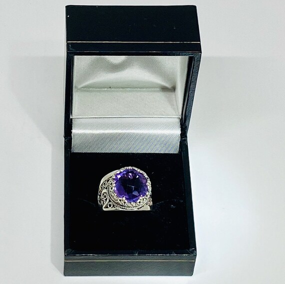 Sterling Silver Round Faceted Amethyst Filigree Ring View 3