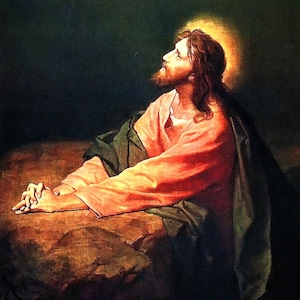 May include: A painting of a man kneeling and praying with his hands clasped together. He is wearing a red robe and a green cloak. The background is dark green and there is a light source above him.