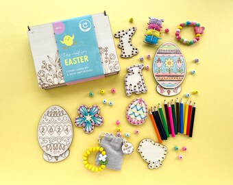 Personalised Easter Craft Box: 5 Embroidery Easter Shapes, 2 x Easter Eggs to Colour,  2 DIY Wooden Bead Bracelet Kits & 12 Coloured Pencils