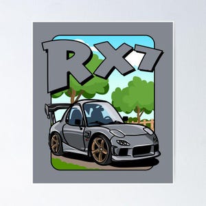 May include: Illustration of a gray sports car with the text "RX7" in large, gray block letters. The car has bronze-colored wheels and a rear spoiler. The background features a blue sky, green trees, and a wooden fence.