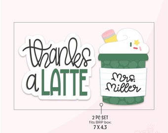 May include: Two stickers, one with the text "thanks a latte" in green and black lettering, and the other with a green coffee cup with a white lid and a note that says "Mrs. Miller" in black lettering. The stickers are 7 inches by 4.3 inches.