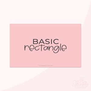 May include: A pink rectangle with the text "BASIC rectangle" in black font. The text "THE SPRINKLE FACTORY" is in smaller black font below the main text.