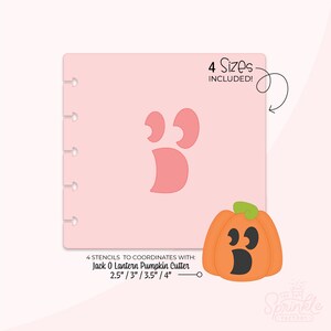 May include: Four stencils for a Jack O Lantern pumpkin cutter in sizes 2.5 inches, 3 inches, 3.5 inches, and 4 inches. The stencils are pink and the pumpkin cutter is orange with a green stem and black eyes and mouth.