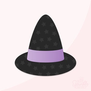 May include: A black witch's hat with a purple band and a pattern of black stars. The hat is pointed and has a wide brim.