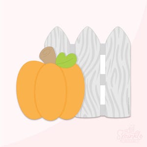 May include: An orange pumpkin with a green leaf and brown stem sits in front of a white picket fence. The pumpkin is a classic autumn symbol. The fence has a wood grain texture. The image has a light pink background.
