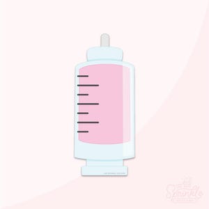 May include: A clear plastic syringe with a pink liquid inside and a black measurement line on the side. The syringe has a white cap on the top and a white base with the text "The Sprinkle Factory" printed on it.
