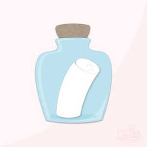 May include: A light blue glass bottle with a cork stopper and a rolled up white paper inside.