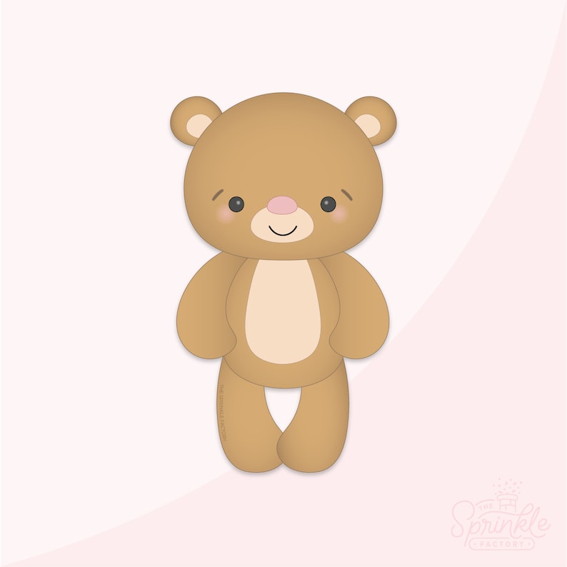 May include: A cartoon-style teddy bear cookie cutter. The bear is light brown with a pink nose and rosy cheeks. It has a smiling mouth and small, dark eyes. The cutter is designed for baking and is suitable for making cookies or other treats.