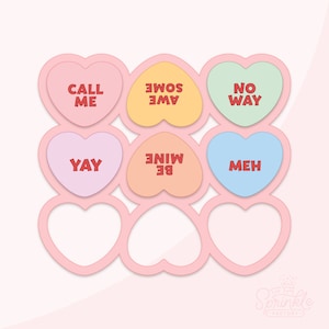 May include: A set of six pink heart-shaped cookie cutters with different phrases: "Call Me", "Some Awe", "No Way", "Yay", "Be Mine", and "Meh".