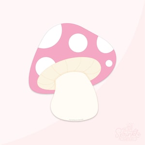 May include: A pink mushroom with white polka dots. The mushroom has a cream-colored stem.