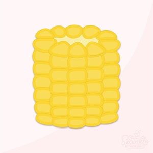 May include: A yellow corn on the cob with a white, creamy topping. The corn is illustrated in a cartoon style.
