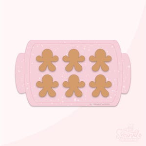 Puede incluir: Una bandeja para hornear rosa con seis cortadores de galletas de hombre de jengibre. Los cortadores están dispuestos en dos filas de tres. La bandeja para hornear tiene un diseño moteado y el texto "The Sprinkle Factory" está impreso en la parte inferior.