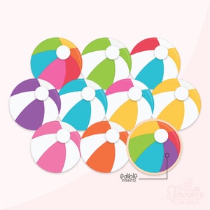 May include: A set of ten colourful beach ball cupcake toppers. The toppers are made of edible frosting and are perfect for a summer-themed party. The toppers feature a variety of colours, including red, orange, yellow, green, blue, and purple.