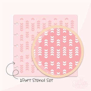 May include: A pink and white stencil set with a chevron pattern. The stencil is a single piece and is labeled "1 Part Stencil Set".