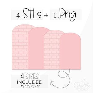 K&ouml;nnte beinhalten: Vier rosafarbene Ziegelbogen-Designs in vier verschiedenen Gr&ouml;&szlig;en: 7,6 cm, 8,9 cm, 10,2 cm und 11,4 cm. Der Text "4.STLs + 1.Png" und "4 SIZES INCLUDED" ist ebenfalls sichtbar.