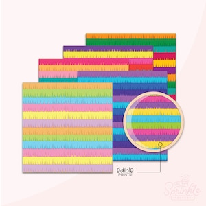 May include: A set of five printable edible images featuring a colorful rainbow striped pattern reminiscent of a traditional Mexican fiesta decoration. The images are labeled "Edible Prints!" and are perfect for decorating cakes, cupcakes, and other desserts.