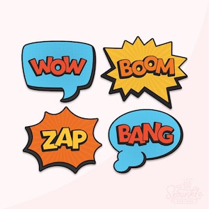 Könnte beinhalten: Vier farbenfrohe Comic-Sprechblasen mit den Wörtern "WOW", "BOOM", "ZAP" und "BANG". Jede Sprechblase hat eine einzigartige Form und Farbgebung mit fettem Text und Retro-Design.