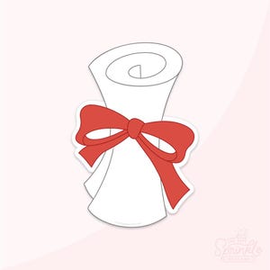 May include: A white scroll tied with a bright red bow. The scroll is rolled at the top and has a simple outline. The red bow is centered and adds a pop of color. The image is on a light pink background.