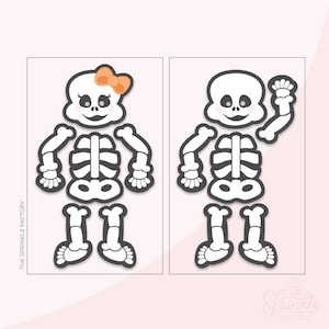 May include: Two skeleton figures, one with a bow, are separated by a white line. Each figure is made up of individual pieces, including a head, torso, arms, and legs. The skeletons are white with black outlines.