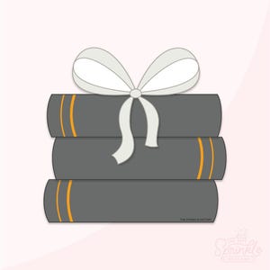 May include: A stack of three gray books with orange stripes, tied with a white bow. The books are stacked on top of each other, and the bow is centered on top. The background is a light pink color.