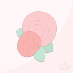 May include: Two pink paper roses with a swirl design, layered on top of each other. The roses have green leaves.